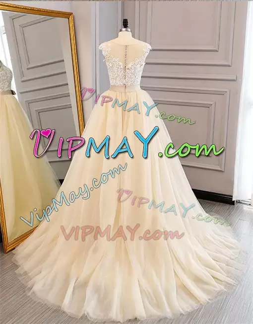 Luxury Cap Sleeves Floor Length Appliques Zipper Quinceanera Dress with Champagne Court Train