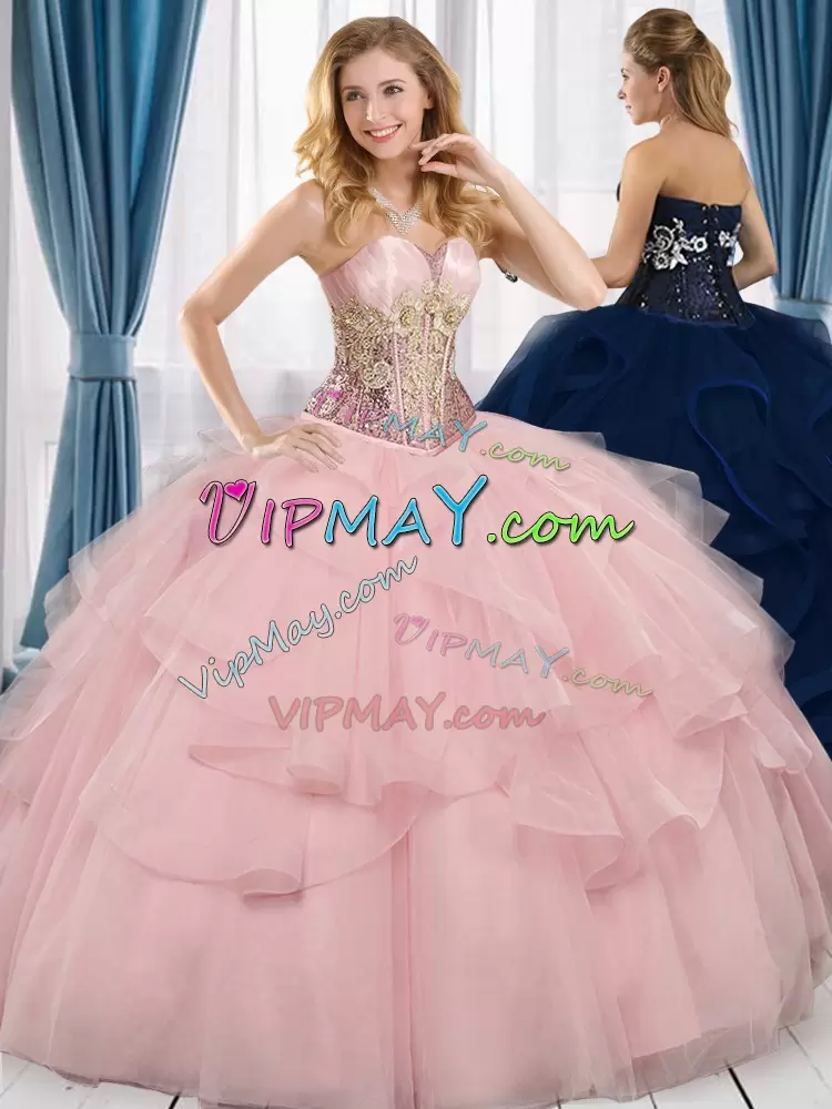Charming Pink Ball Gowns Appliques and Sequins Vestidos de Quinceanera Lace Up Tulle Sleeveless Floor Length