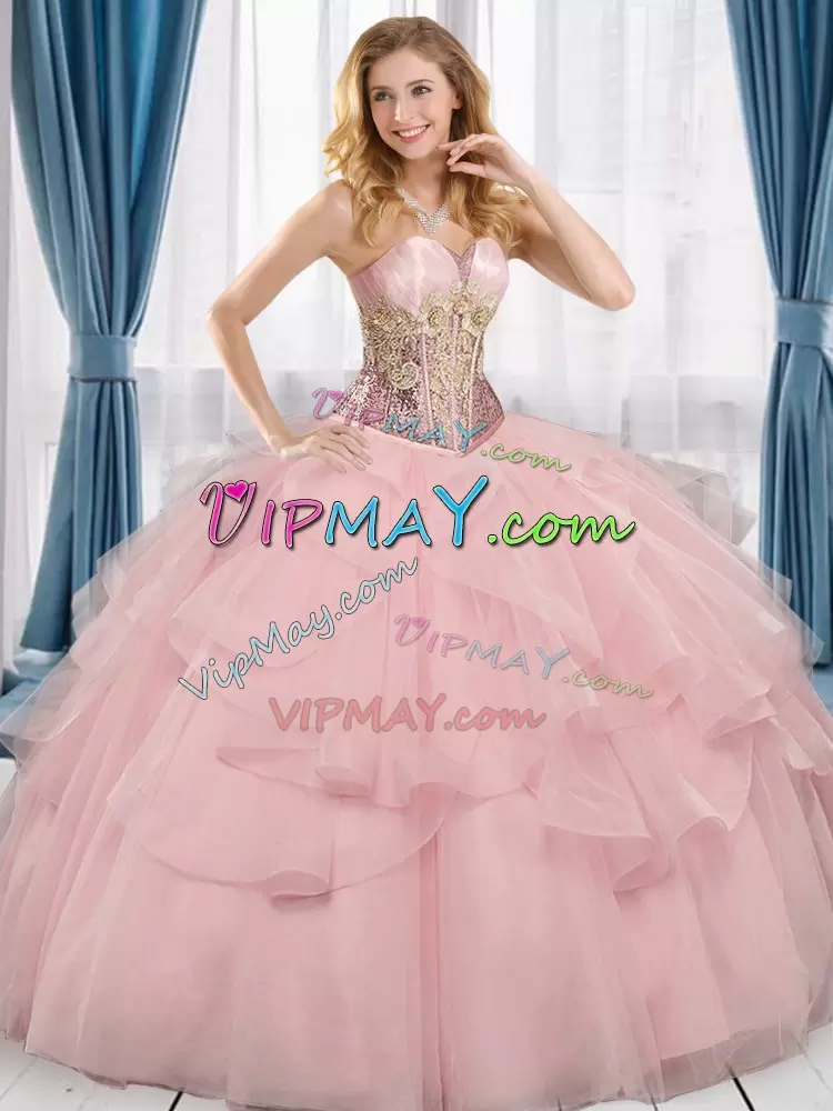 Charming Pink Ball Gowns Appliques and Sequins Vestidos de Quinceanera Lace Up Tulle Sleeveless Floor Length