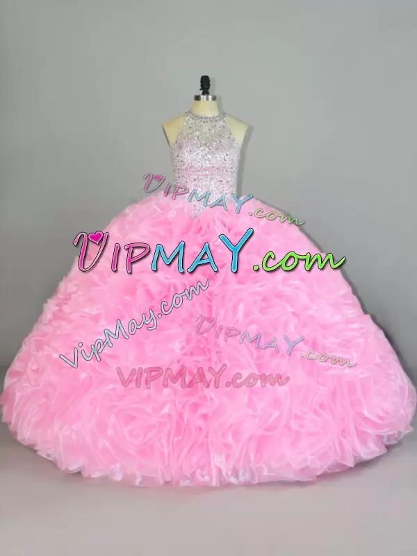 Baby Pink Organza Lace Up Halter Top Sleeveless Floor Length Sweet 16 Quinceanera Dress Beading and Ruffles