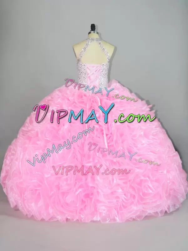 Baby Pink Organza Lace Up Halter Top Sleeveless Floor Length Sweet 16 Quinceanera Dress Beading and Ruffles