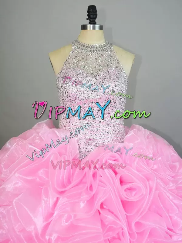 Baby Pink Organza Lace Up Halter Top Sleeveless Floor Length Sweet 16 Quinceanera Dress Beading and Ruffles