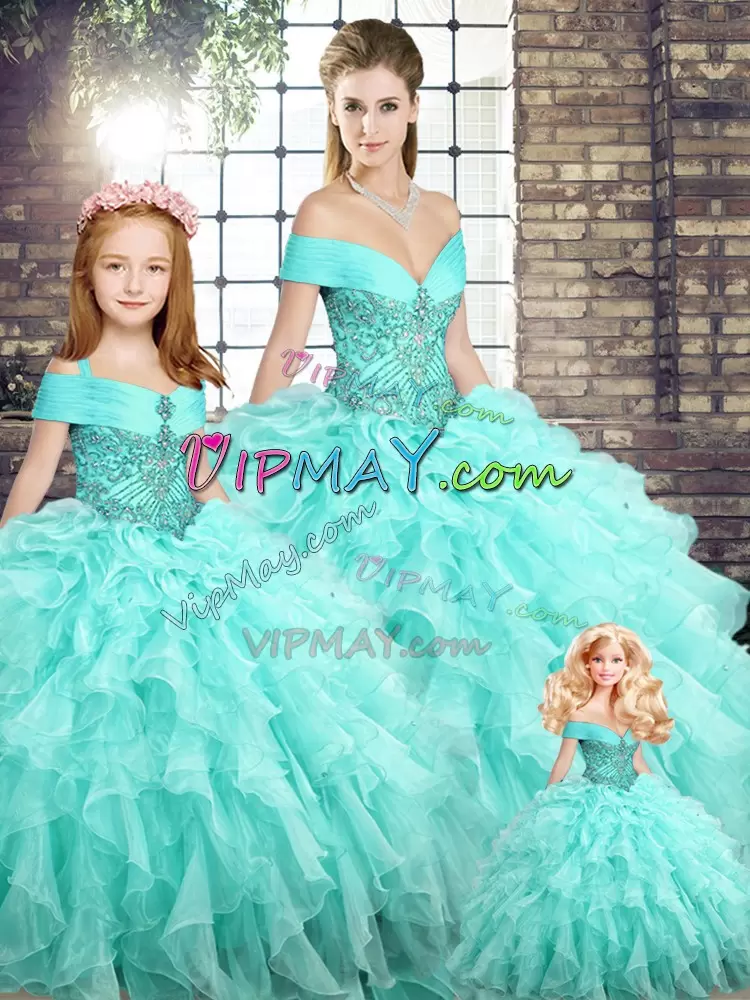 Aqua Blue Ball Gowns Beading and Ruffles Quinceanera Gowns Lace Up Organza Sleeveless