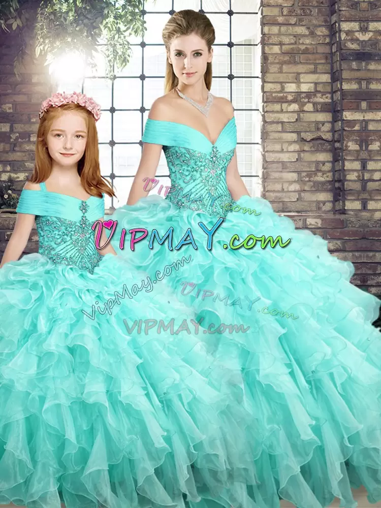 Aqua Blue Ball Gowns Beading and Ruffles Quinceanera Gowns Lace Up Organza Sleeveless