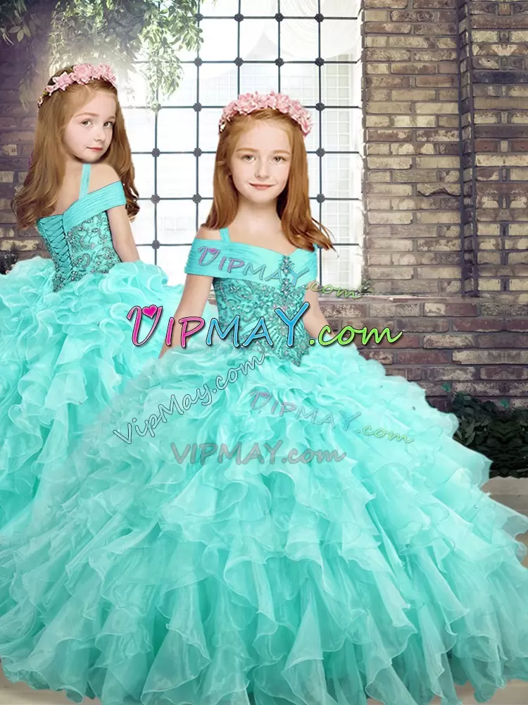 Aqua Blue Ball Gowns Beading and Ruffles Quinceanera Gowns Lace Up Organza Sleeveless