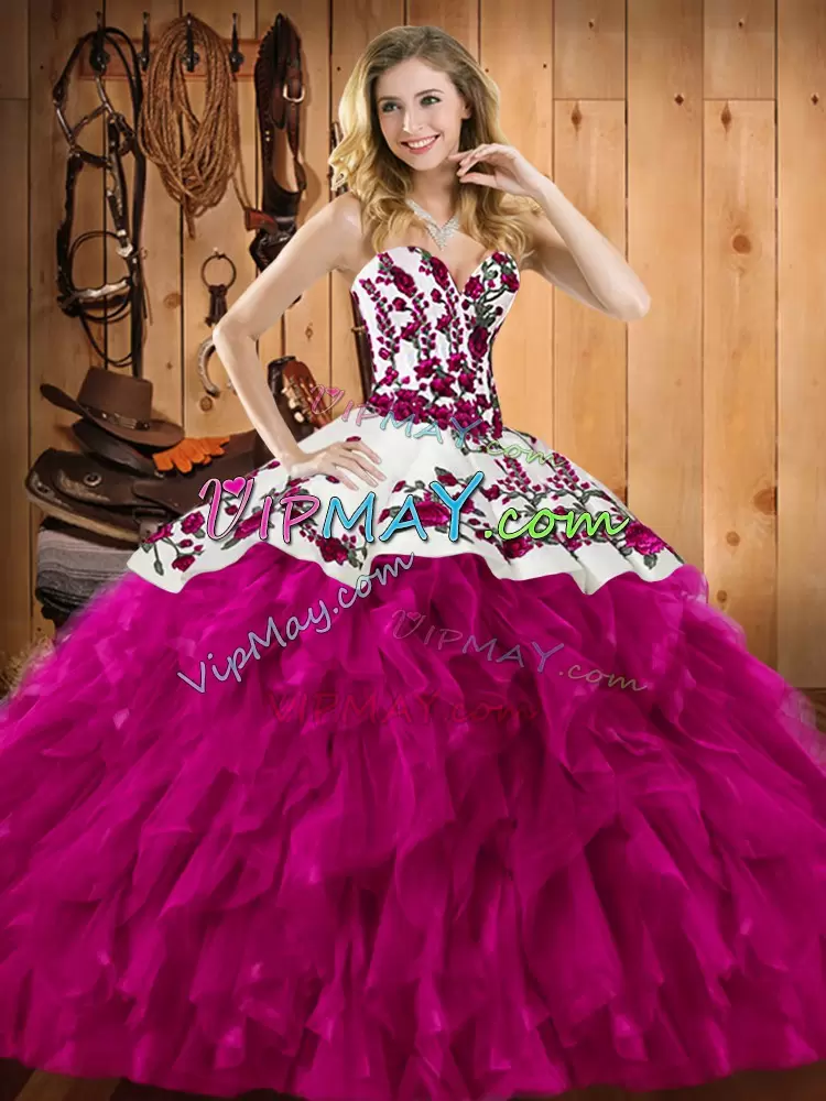 Fuchsia Sleeveless Satin and Organza Lace Up Ball Gown Prom Dress for Military Ball and Sweet 16 and Quinceanera