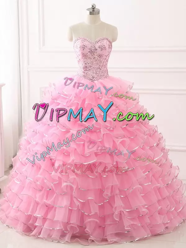 Baby Pink Organza Lace Up Quinceanera Dress Sleeveless Sweep Train Beading and Ruffled Layers