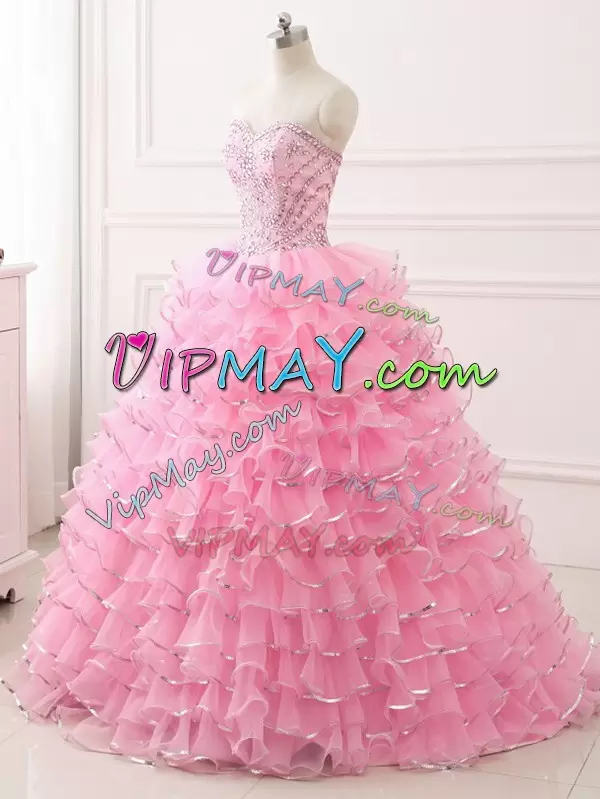 Baby Pink Organza Lace Up Quinceanera Dress Sleeveless Sweep Train Beading and Ruffled Layers