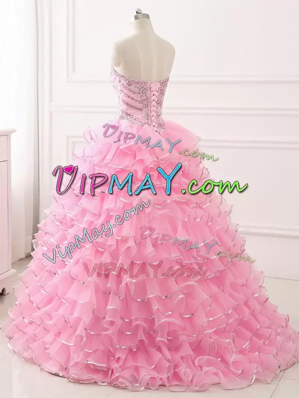 Baby Pink Organza Lace Up Quinceanera Dress Sleeveless Sweep Train Beading and Ruffled Layers