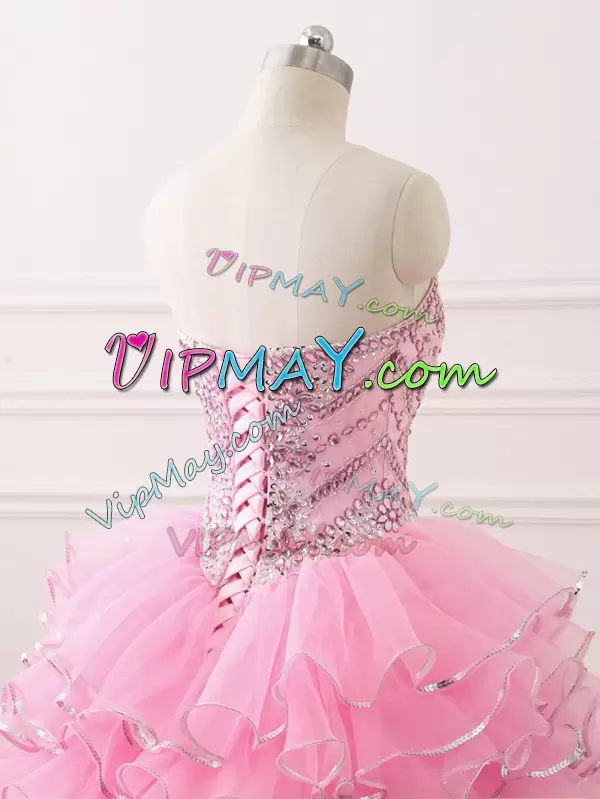 Baby Pink Organza Lace Up Quinceanera Dress Sleeveless Sweep Train Beading and Ruffled Layers