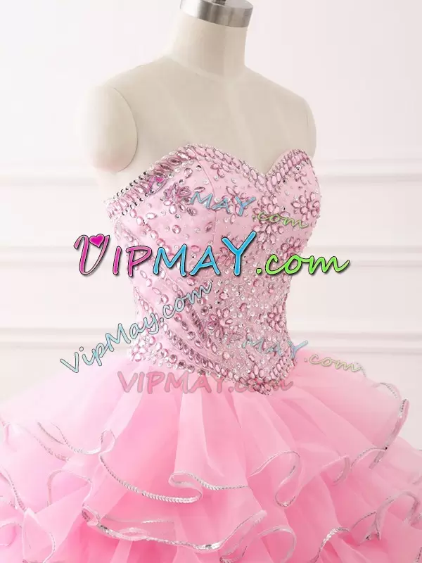 Baby Pink Organza Lace Up Quinceanera Dress Sleeveless Sweep Train Beading and Ruffled Layers