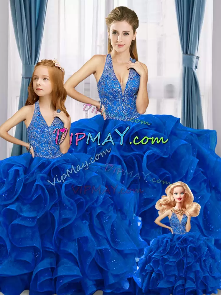 Amazing Royal Blue Ball Gowns Tulle V-neck Sleeveless Beading and Ruffles Floor Length Lace Up Quince Ball Gowns