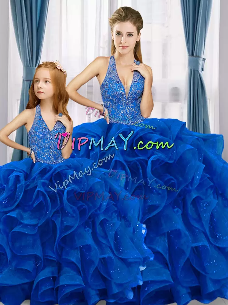 Amazing Royal Blue Ball Gowns Tulle V-neck Sleeveless Beading and Ruffles Floor Length Lace Up Quince Ball Gowns