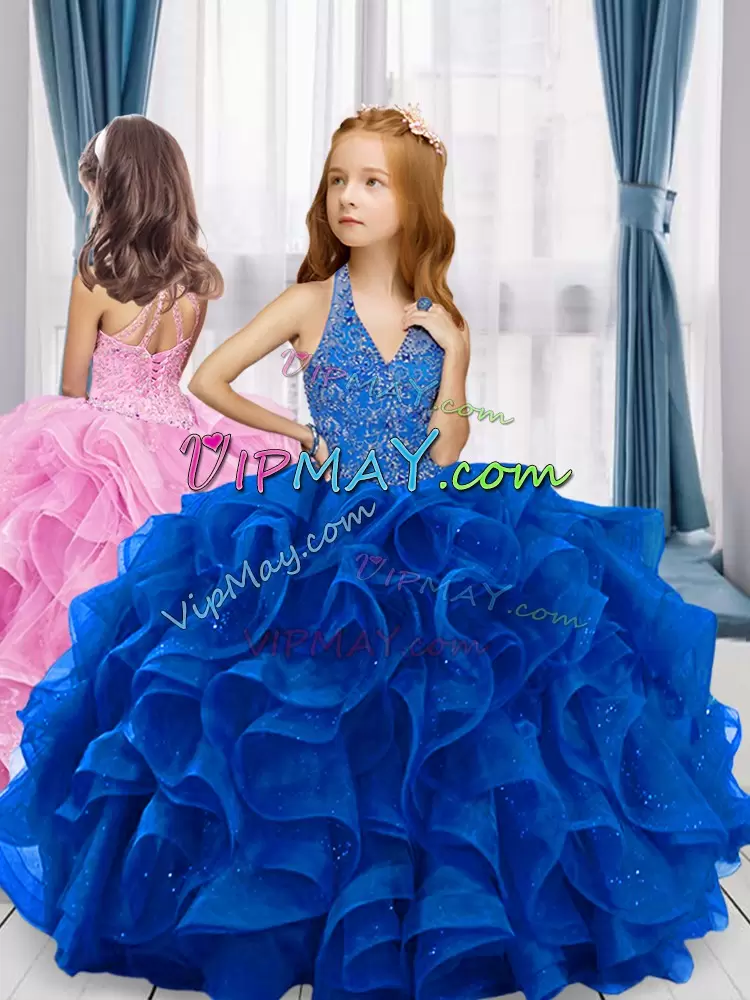 Amazing Royal Blue Ball Gowns Tulle V-neck Sleeveless Beading and Ruffles Floor Length Lace Up Quince Ball Gowns