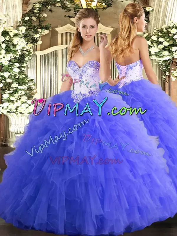 Perfect Blue Lace Up Sweetheart Beading and Ruffles Sweet 16 Dresses Tulle Sleeveless