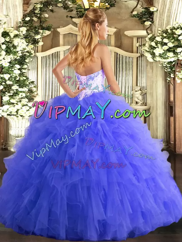 Perfect Blue Lace Up Sweetheart Beading and Ruffles Sweet 16 Dresses Tulle Sleeveless