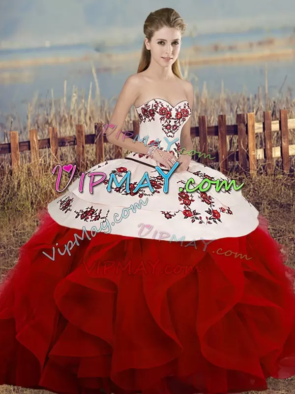 Dazzling Sleeveless Sweetheart Embroidery and Ruffles and Bowknot Lace Up 15th Birthday Dress