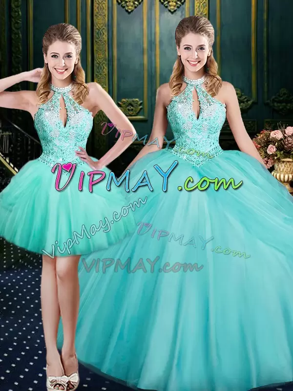 Aqua Blue Lace Up Sweet 16 Dresses Beading and Pick Ups Sleeveless Floor Length