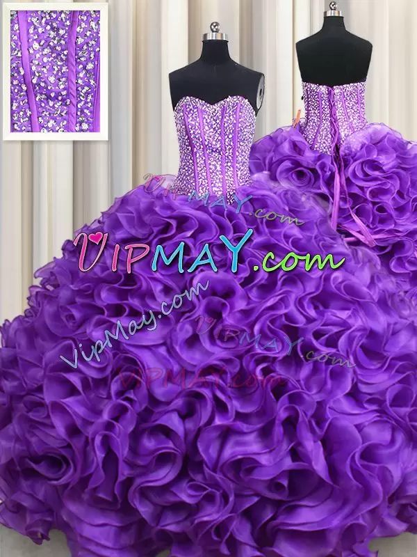 Deluxe Fabric With Rolling Flowers Sleeveless Floor Length Quinceanera Gown and Beading