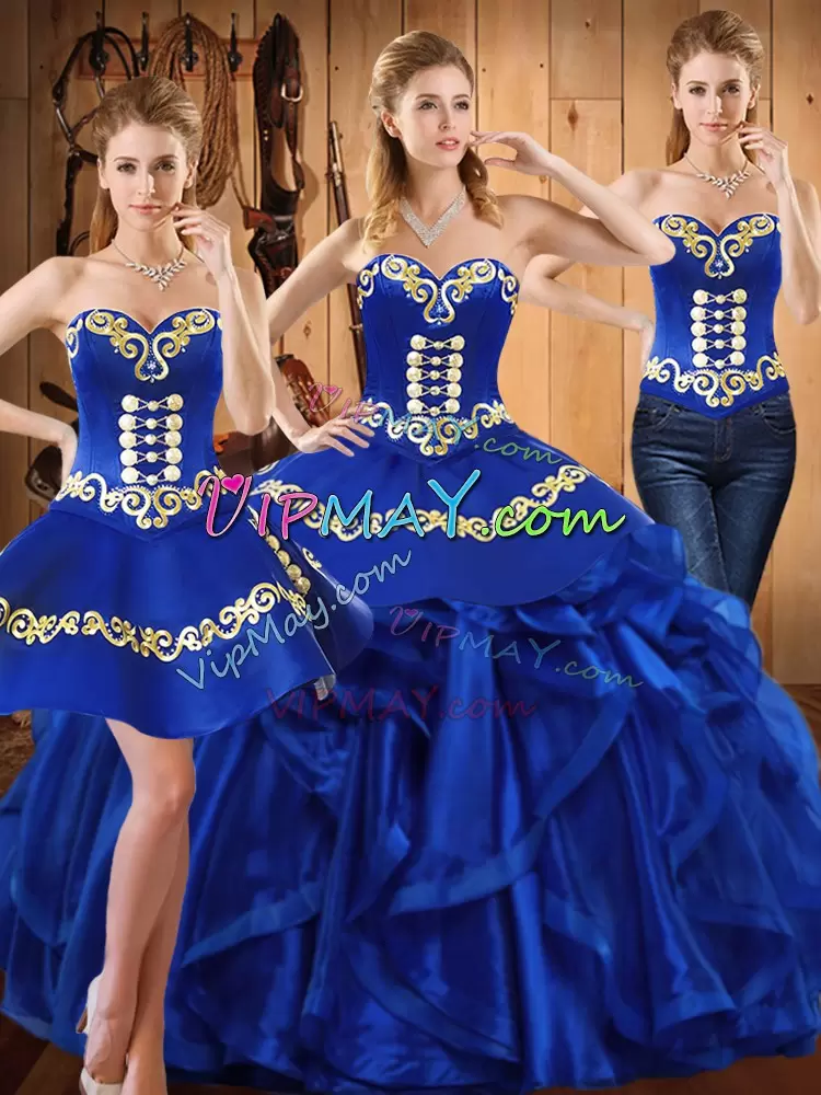 Fantastic Royal Blue Lace Up Sweetheart Embroidery and Ruffles 15th Birthday Dress Organza Sleeveless