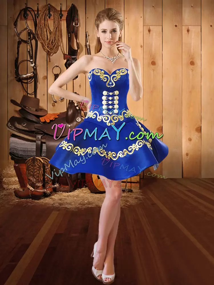 Fantastic Royal Blue Lace Up Sweetheart Embroidery and Ruffles 15th Birthday Dress Organza Sleeveless