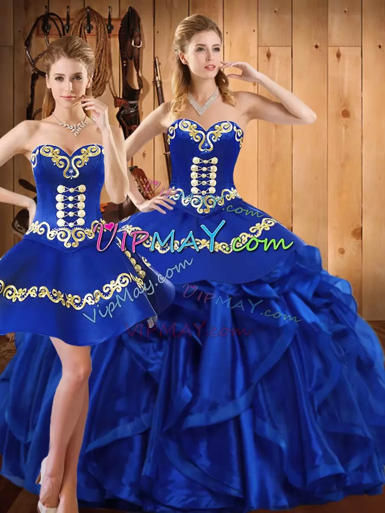 Fantastic Royal Blue Lace Up Sweetheart Embroidery and Ruffles 15th Birthday Dress Organza Sleeveless