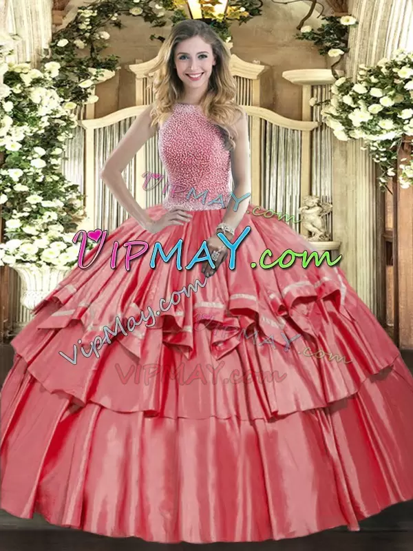 Superior Coral Red Sleeveless Organza and Taffeta Lace Up Sweet 16 Dress for Military Ball and Sweet 16 and Quinceanera