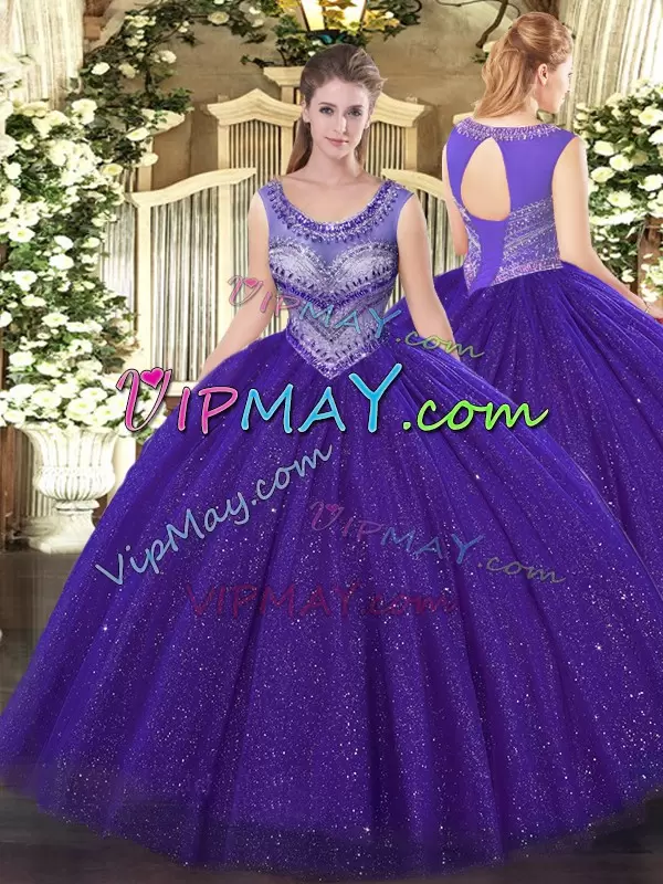 Scoop Sleeveless 15 Quinceanera Dress Floor Length Beading Purple Tulle and Sequined