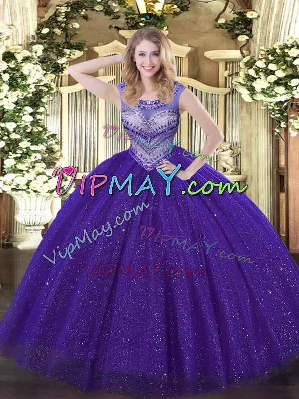 Scoop Sleeveless 15 Quinceanera Dress Floor Length Beading Purple Tulle and Sequined