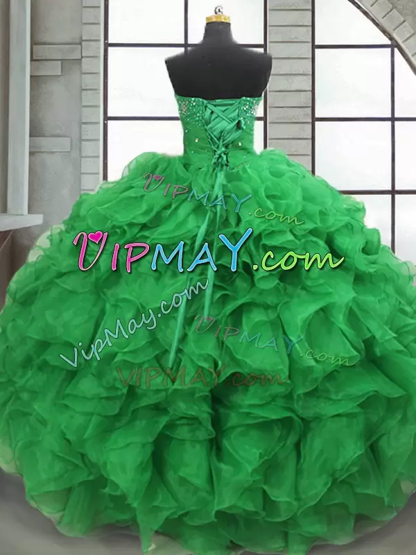 Green Lace Up Sweet 16 Dresses Beading and Ruffles Sleeveless Floor Length