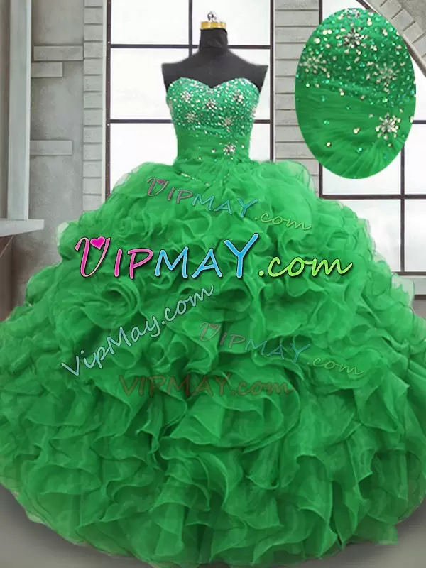 Green Lace Up Sweet 16 Dresses Beading and Ruffles Sleeveless Floor Length
