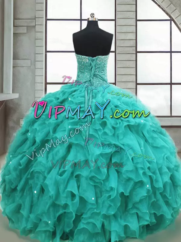 Enchanting Sweetheart Sleeveless Quinceanera Gowns Floor Length Beading and Ruffles Turquoise Organza