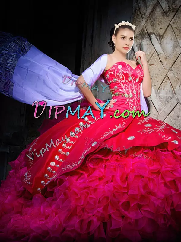 Charro Sleeveless Organza Quinceanera Dress Embroidery and Ruffles Brush Train for Cowgirl