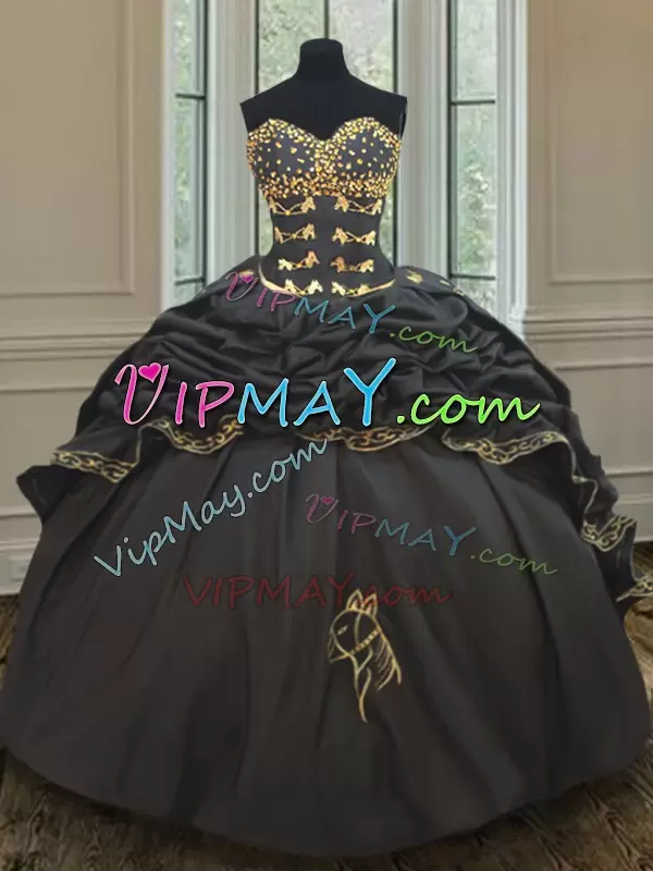 Black Sweet 16 Dresses Military Ball and Sweet 16 and Quinceanera with Beading and Embroidery and Pick Ups Sweetheart Sleeveless Brush Train Lace Up