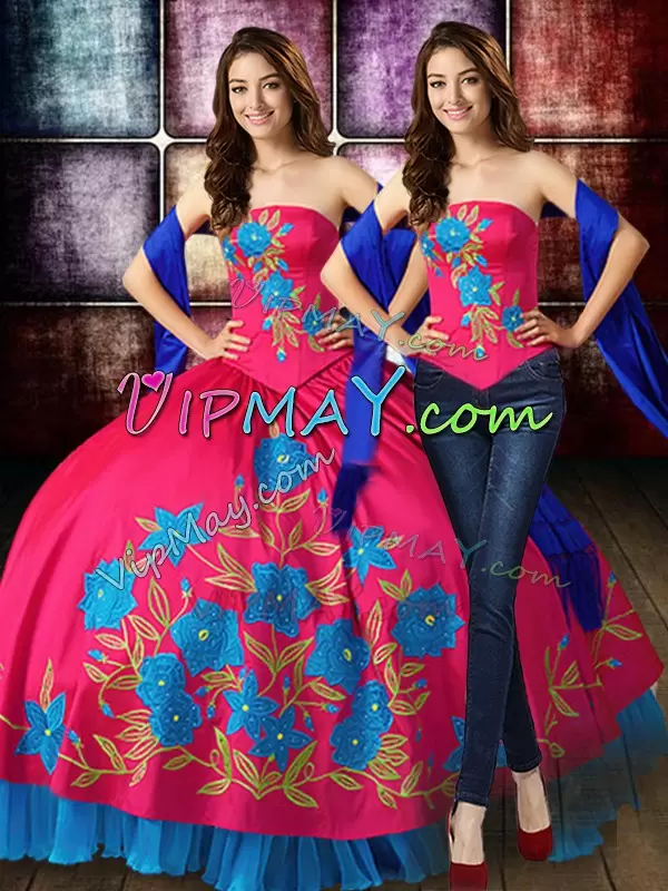 Dramatic Hot Pink Lace Up Strapless Embroidery Sweet 16 Quinceanera Dress Taffeta Sleeveless