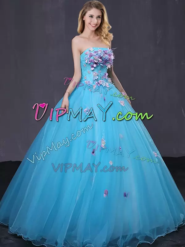 Superior Sleeveless Strapless Lace Up Floor Length Appliques 15th Birthday Dress Strapless