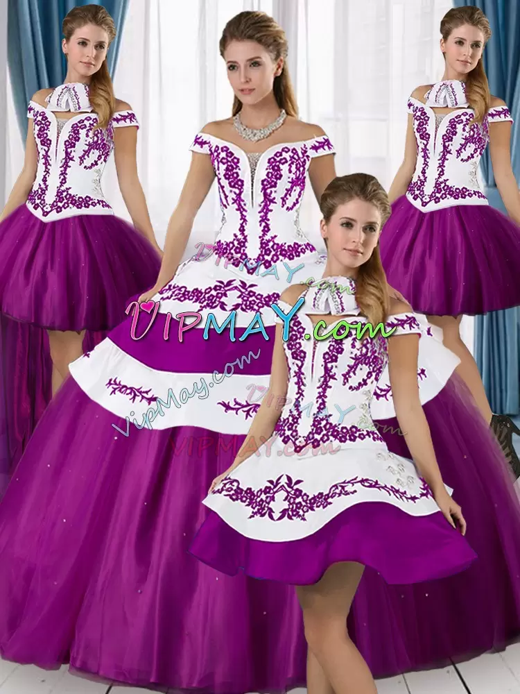 White And Purple Satin and Tulle Lace Up Quince Ball Gowns Sleeveless Floor Length Embroidery and Ruffled Layers