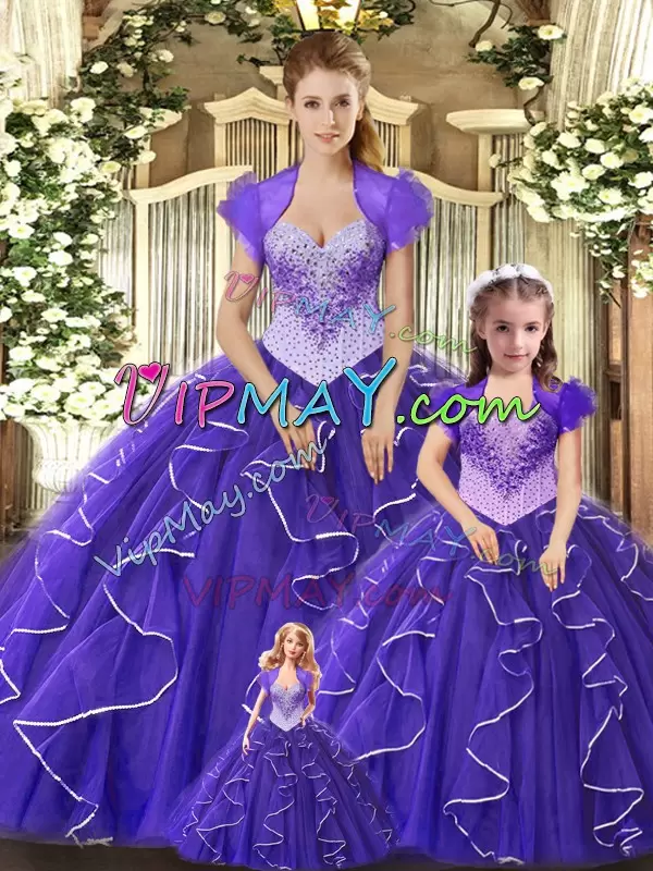 Purple Sleeveless Floor Length Beading and Ruffles Lace Up Quince Ball Gowns Scoop