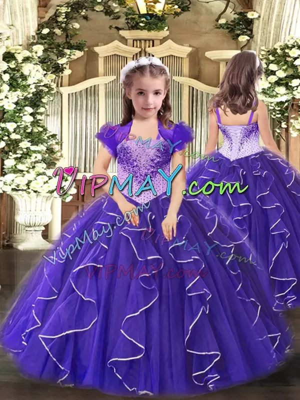 Purple Sleeveless Floor Length Beading and Ruffles Lace Up Quince Ball Gowns Scoop