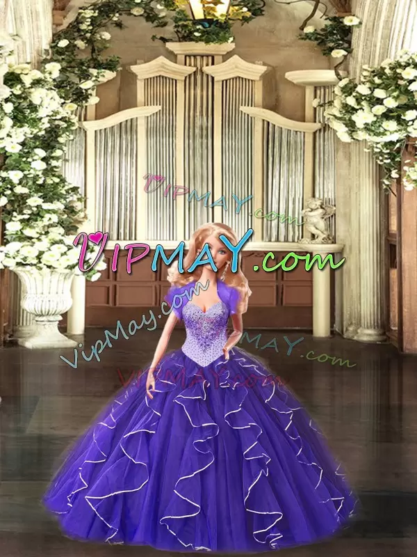 Purple Sleeveless Floor Length Beading and Ruffles Lace Up Quince Ball Gowns Scoop