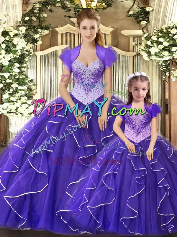 Purple Sleeveless Floor Length Beading and Ruffles Lace Up Quince Ball Gowns Scoop