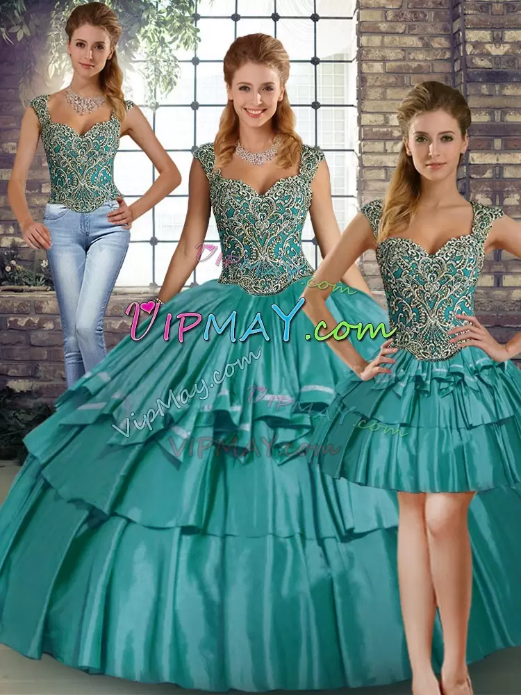 Glamorous Taffeta Straps Sleeveless Lace Up Beading and Ruffled Layers Sweet 16 Dresses in Teal