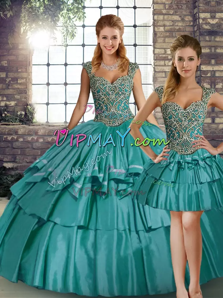 Glamorous Taffeta Straps Sleeveless Lace Up Beading and Ruffled Layers Sweet 16 Dresses in Teal