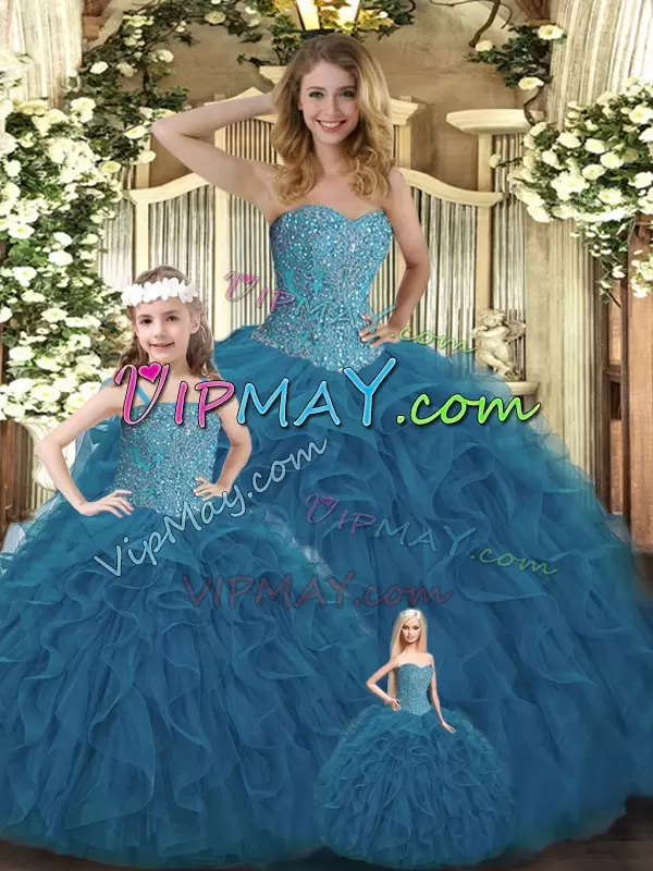 Teal Ball Gowns Organza Sweetheart Sleeveless Beading and Ruffles Floor Length Lace Up Quinceanera Gowns