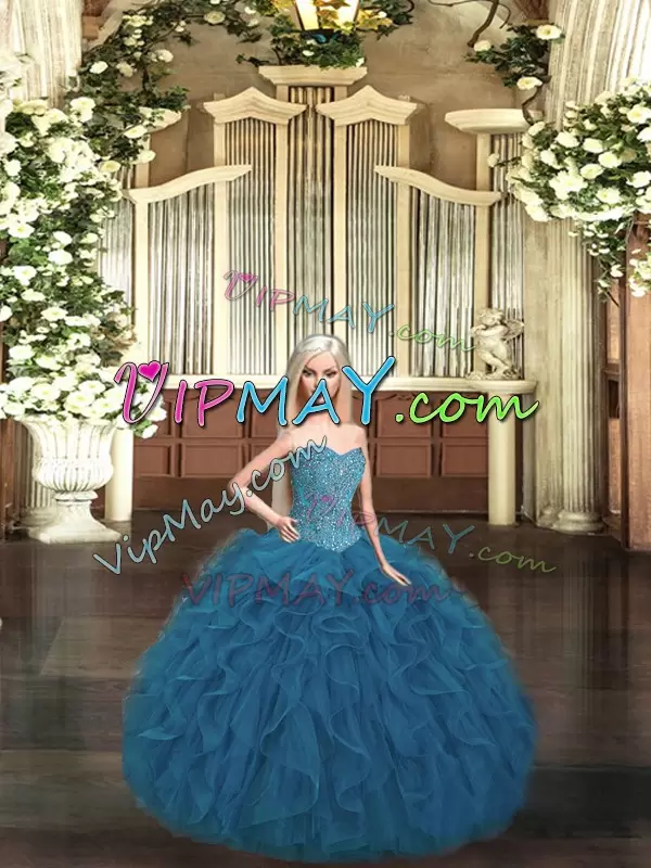 Teal Ball Gowns Organza Sweetheart Sleeveless Beading and Ruffles Floor Length Lace Up Quinceanera Gowns