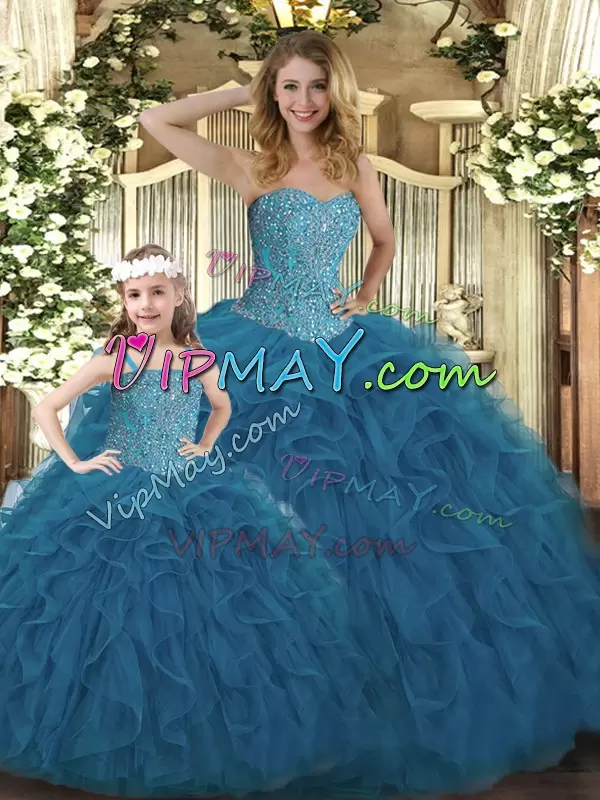 Teal Ball Gowns Organza Sweetheart Sleeveless Beading and Ruffles Floor Length Lace Up Quinceanera Gowns