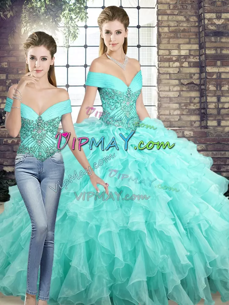 Off The Shoulder Sleeveless 15th Birthday Dress Brush Train Beading and Ruffles Aqua Blue Organza