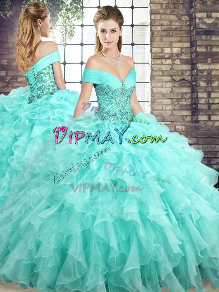 Off The Shoulder Sleeveless 15th Birthday Dress Brush Train Beading and Ruffles Aqua Blue Organza