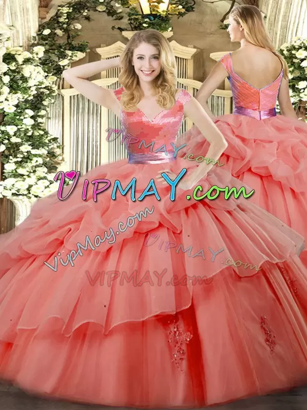 Fitting V-neck Sleeveless Zipper Quinceanera Gown Watermelon Red Organza Ruffled Layers