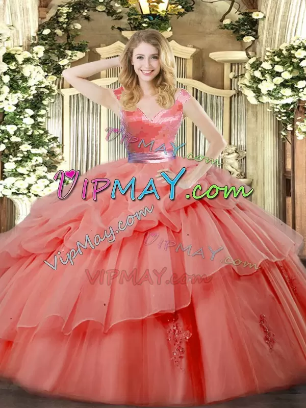 Fitting V-neck Sleeveless Zipper Quinceanera Gown Watermelon Red Organza Ruffled Layers